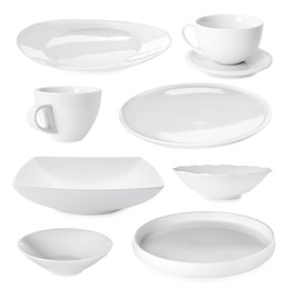 Image of Different white dishware isolated on white, set