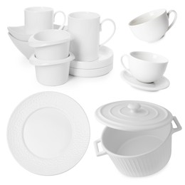 Image of Different white dishware isolated on white, set