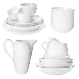 Image of Different white dishware isolated on white, set