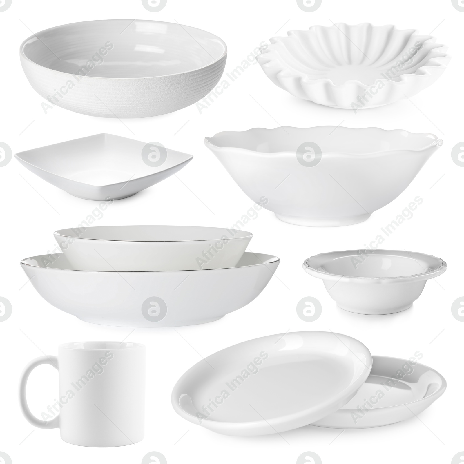 Different white dishware isolated on white, set Image of Different white dishware isolated on white, set