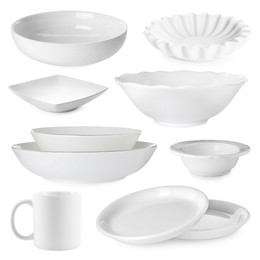 Image of Different white dishware isolated on white, set