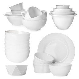 Image of Different white dishware isolated on white, set