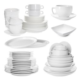 Image of Different white dishware isolated on white, set