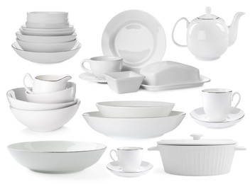 Image of Different white dishware isolated on white, set