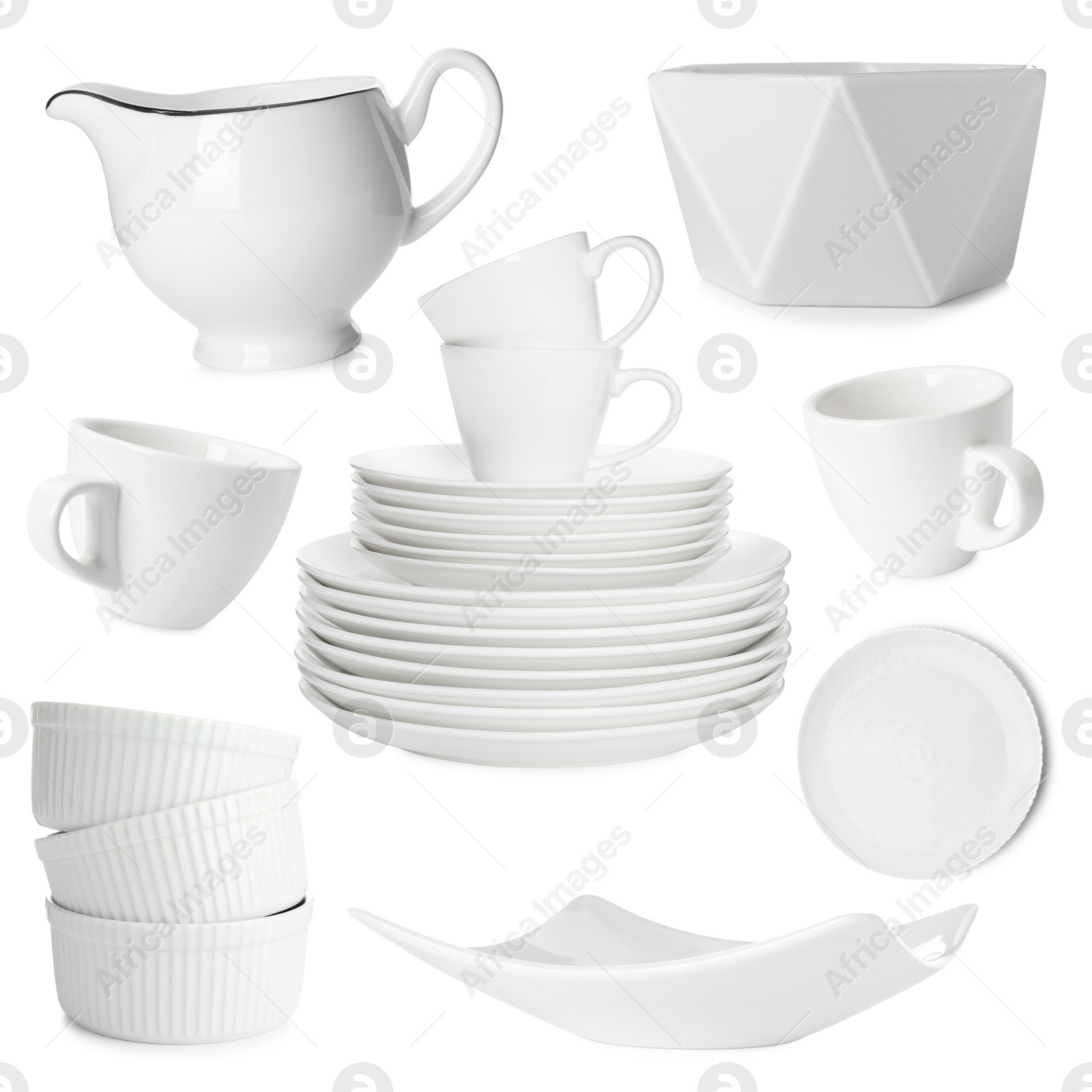 Different white dishware isolated on white, set Image of Different white dishware isolated on white, set