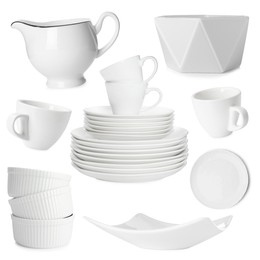 Image of Different white dishware isolated on white, set
