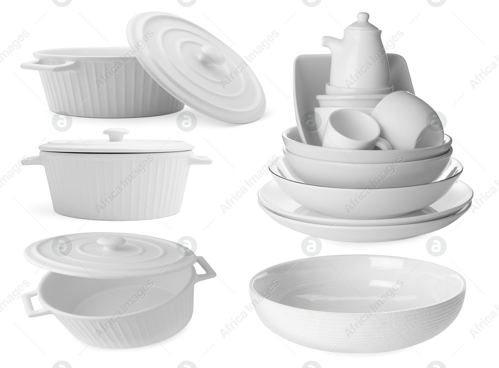 Different white dishware isolated on white, set Image of Different white dishware isolated on white, set