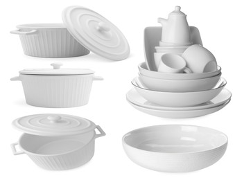 Image of Different white dishware isolated on white, set