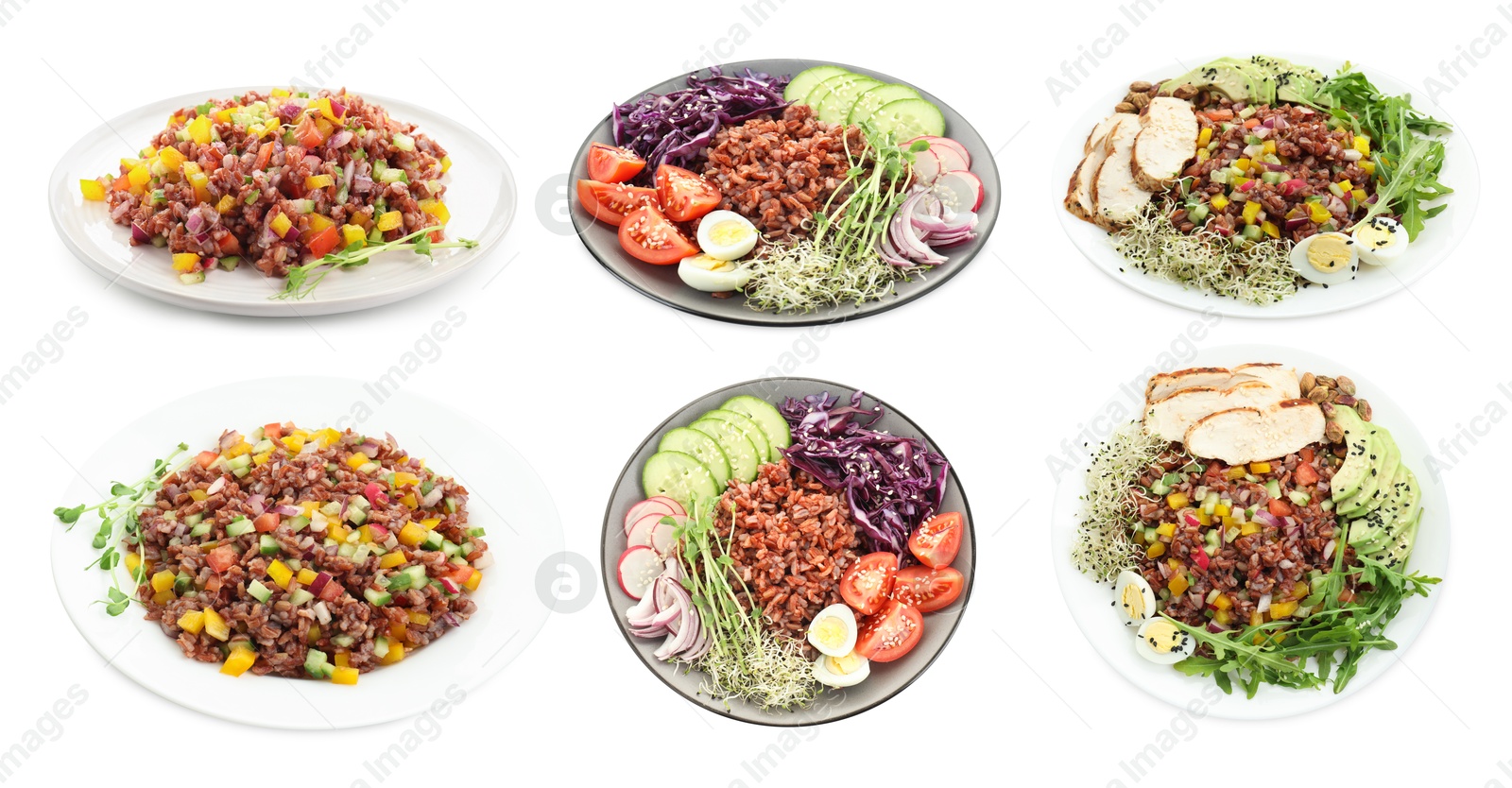 Tasty salads with brown rice isolated on white, set Image of Tasty salads with brown rice isolated on white, set