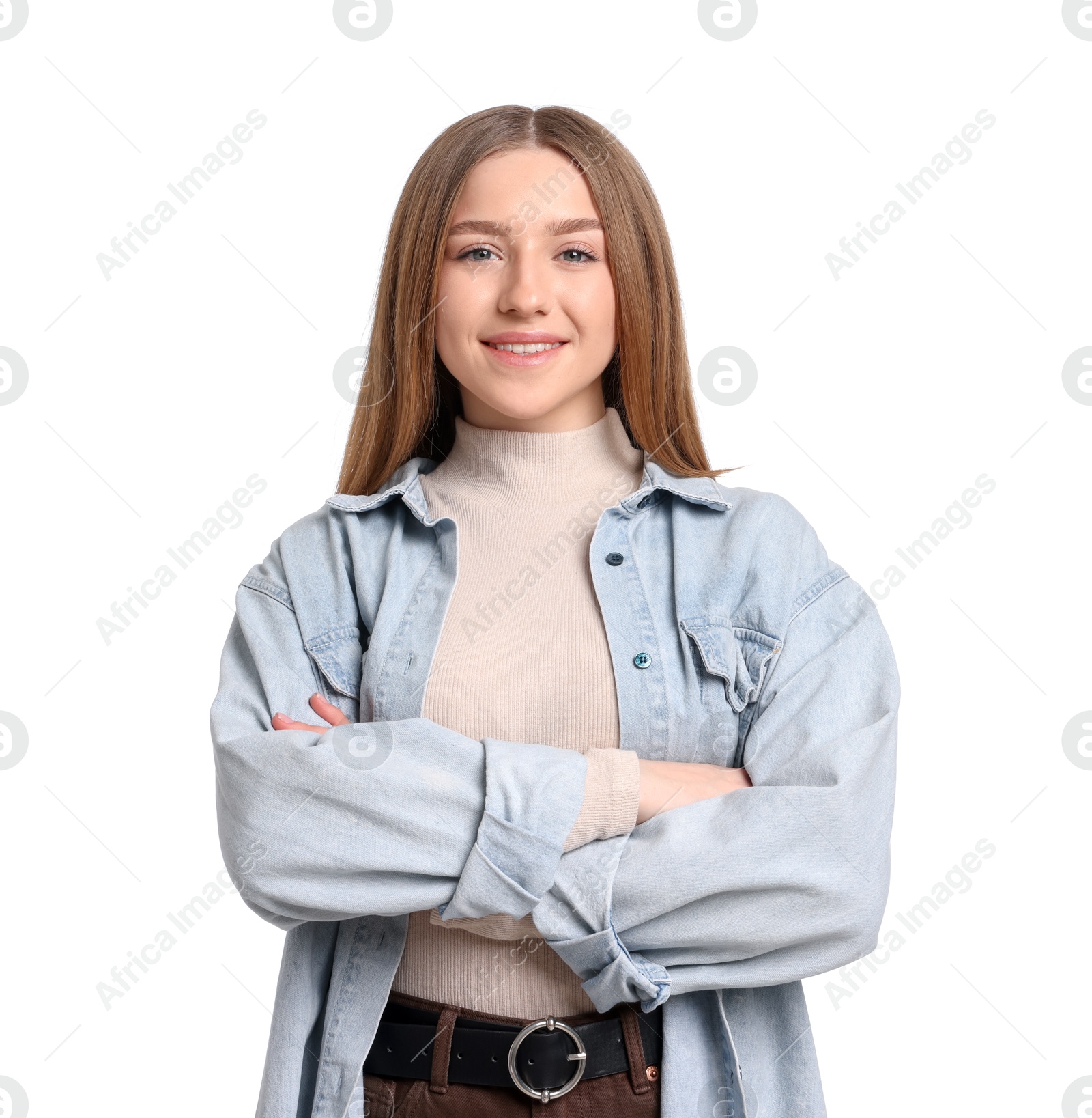 Portrait of smiling teenage girl on white background Photo of Portrait of smiling teenage girl on white background