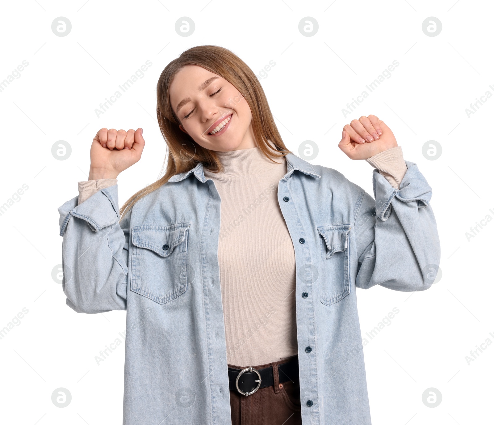 Portrait of smiling teenage girl on white background Photo of Portrait of smiling teenage girl on white background