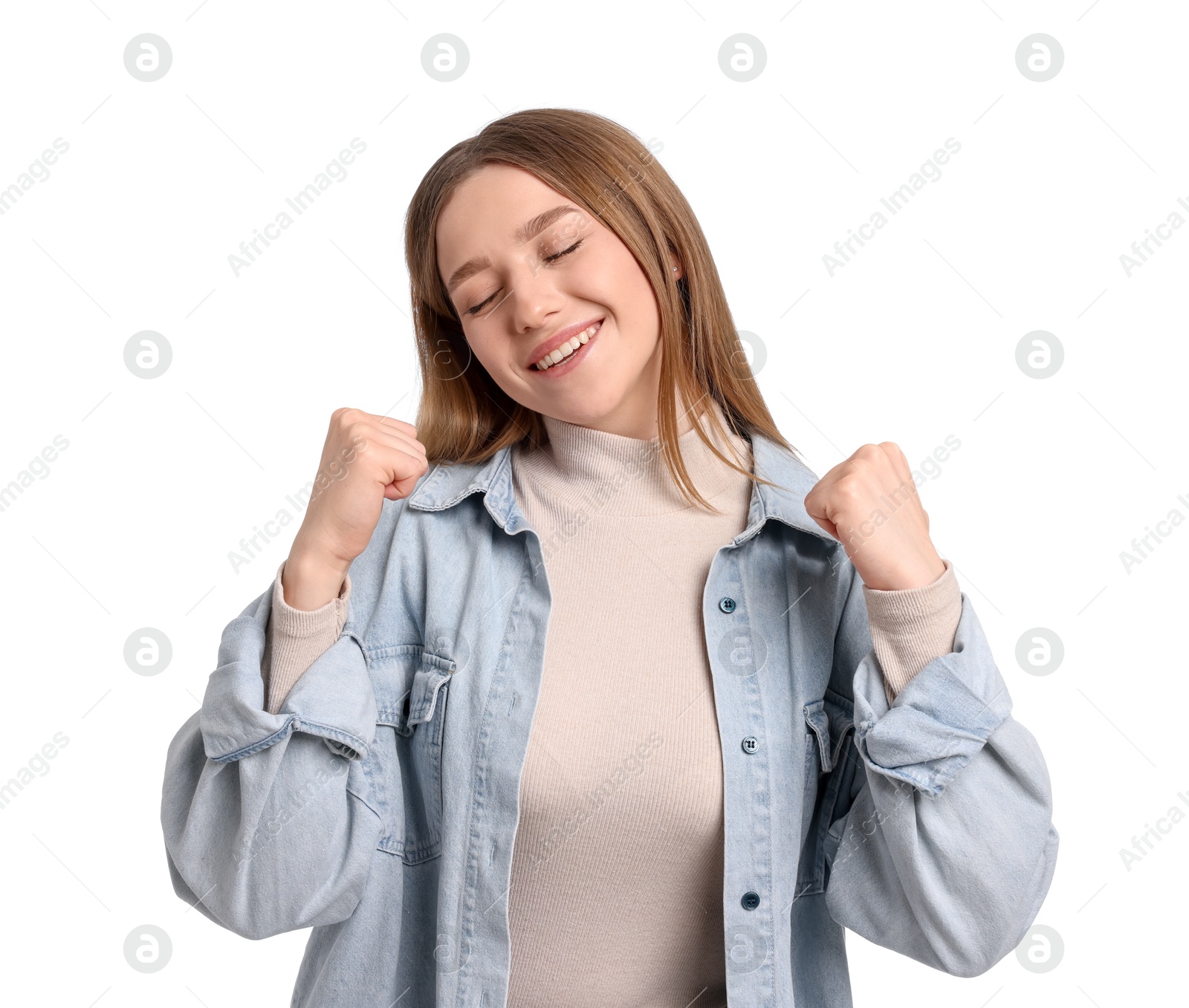 Photo of Portrait of smiling teenage girl on white background