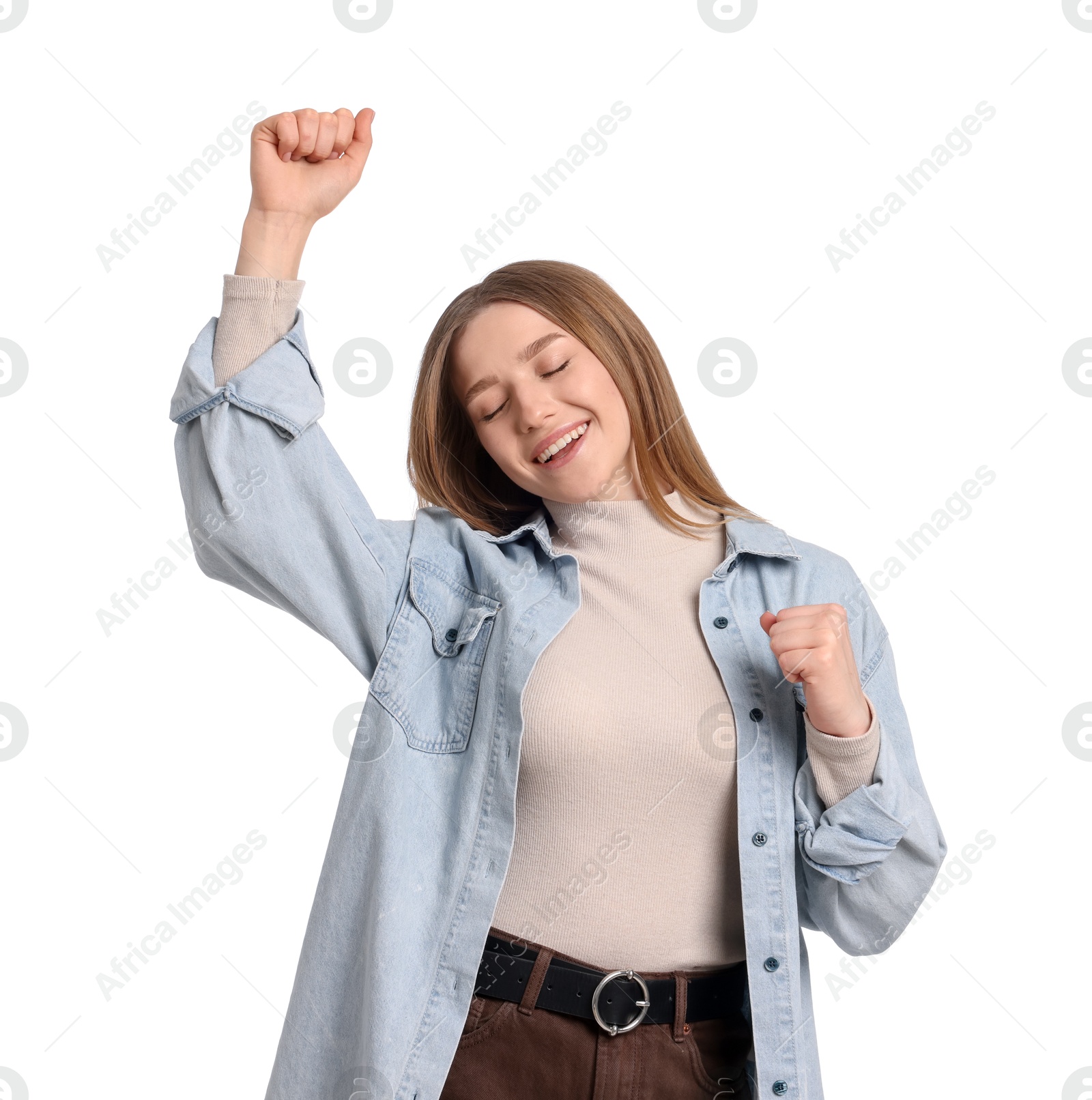 Portrait of smiling teenage girl on white background Photo of Portrait of smiling teenage girl on white background