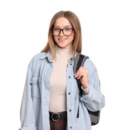 Photo of Smiling teenage girl with backpack on white background