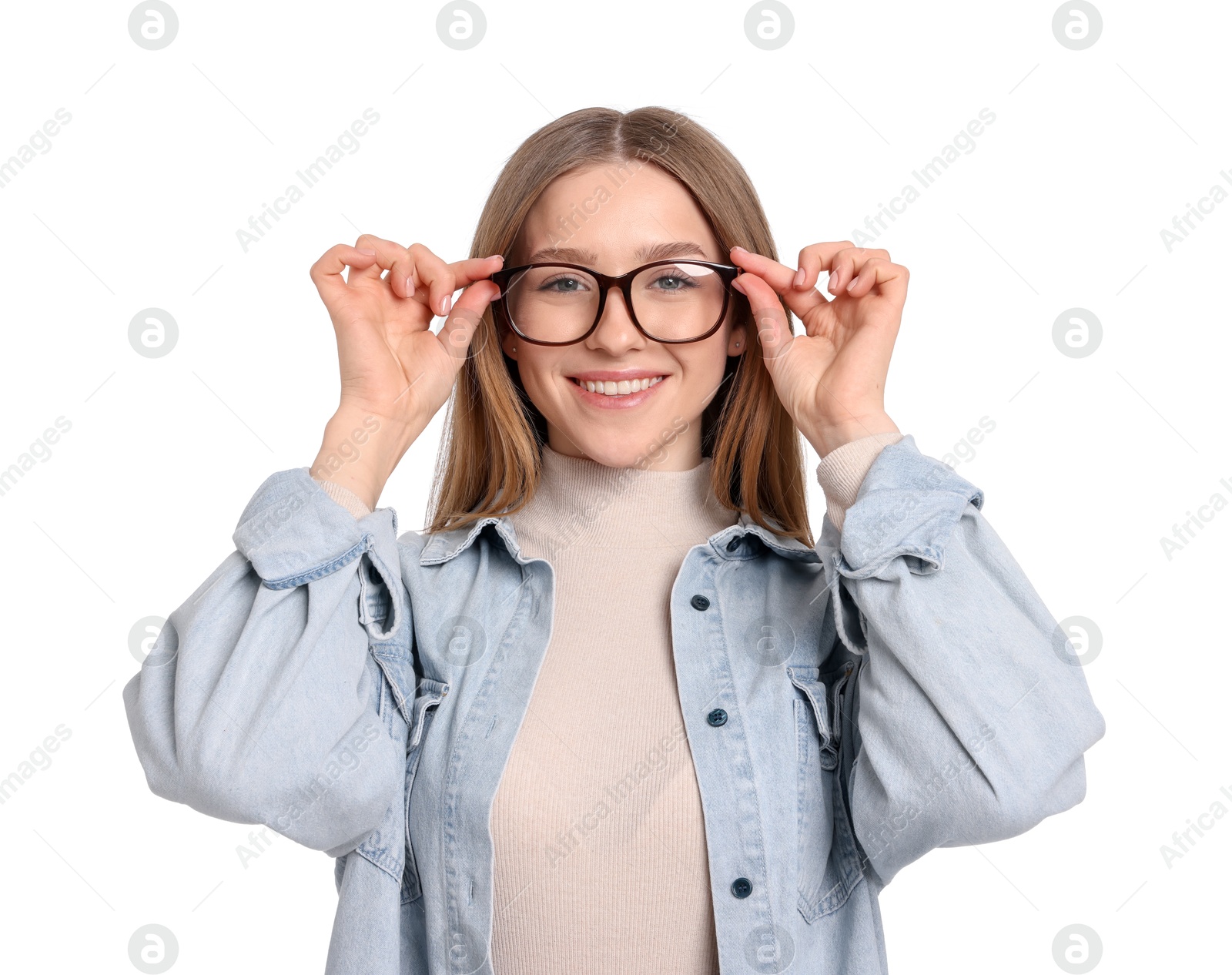 Photo of Portrait of smiling teenage girl on white background