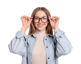 Photo of Portrait of smiling teenage girl on white background