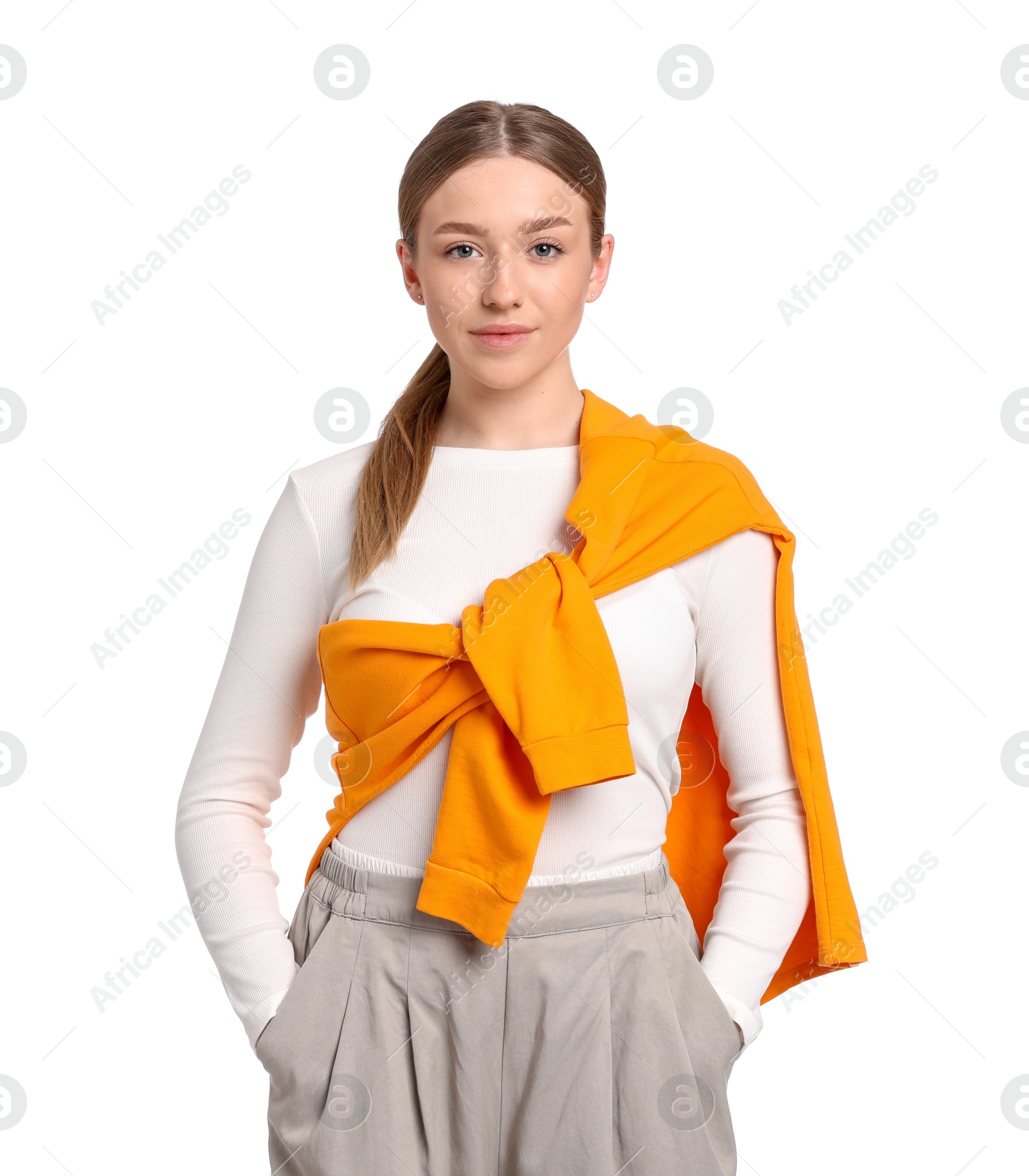 Photo of Portrait of teenage girl on white background