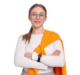 Photo of Portrait of smiling teenage girl on white background