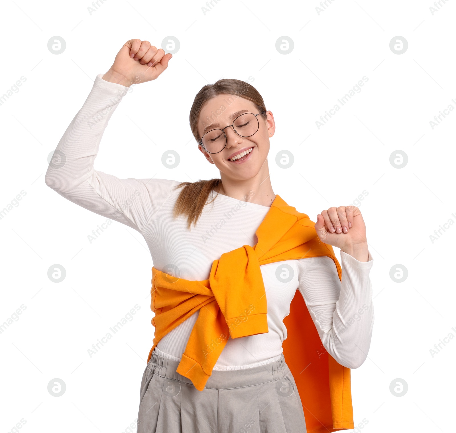 Photo of Portrait of happy teenage girl on white background