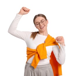 Photo of Portrait of happy teenage girl on white background