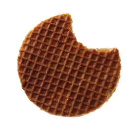 Photo of Bitten round Dutch waffle isolated on white