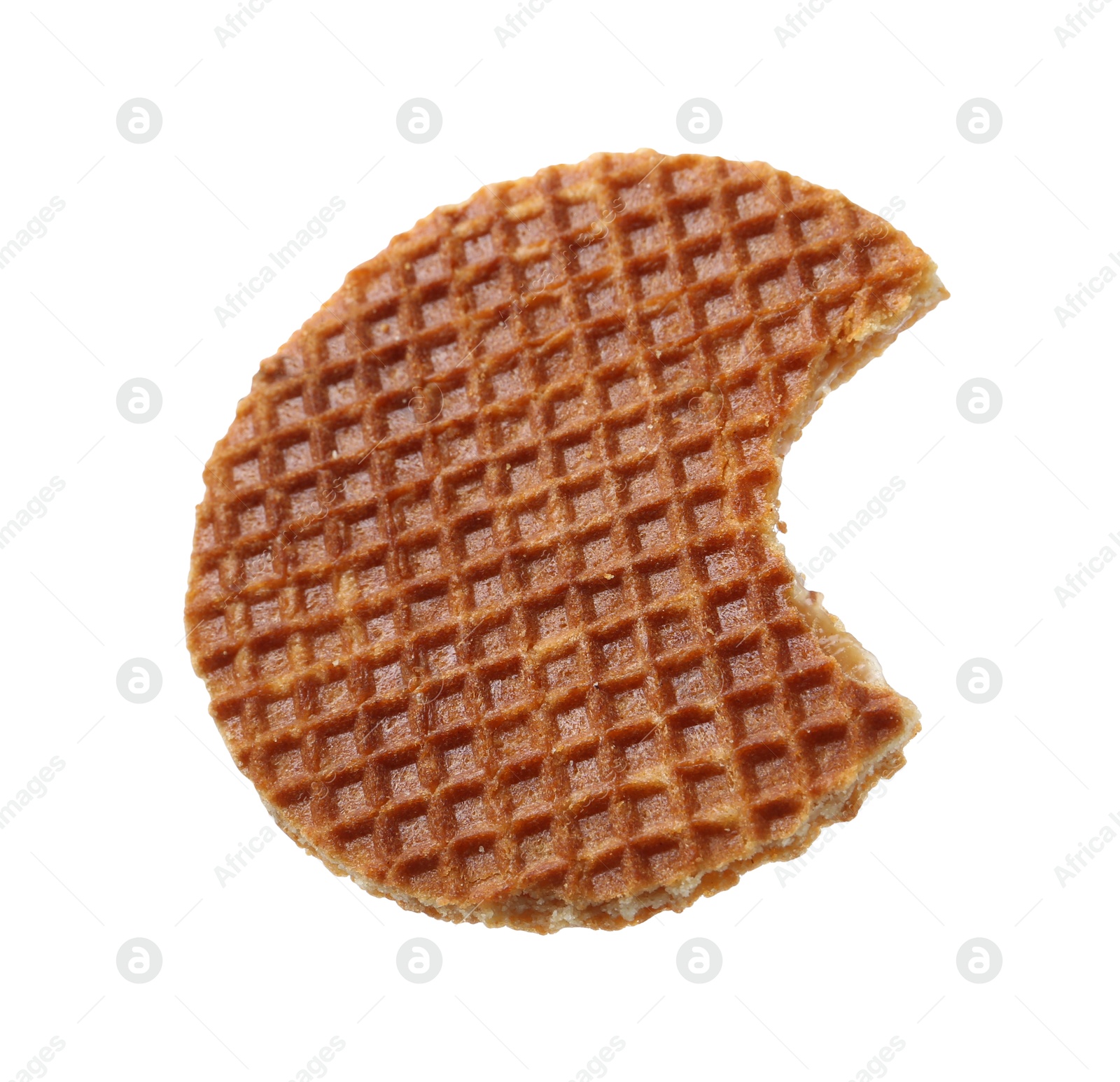 Bitten round Dutch waffle isolated on white Photo of Bitten round Dutch waffle isolated on white