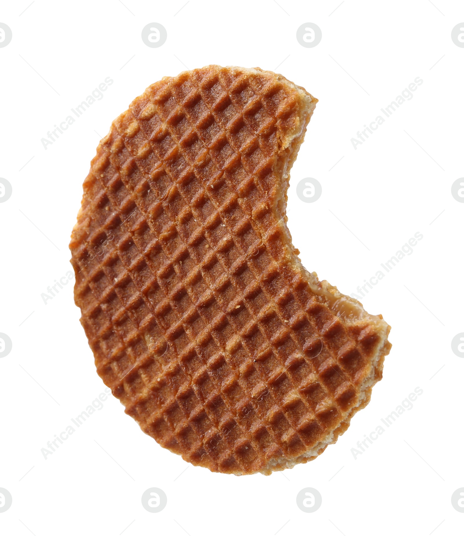 Bitten round Dutch waffle isolated on white Photo of Bitten round Dutch waffle isolated on white