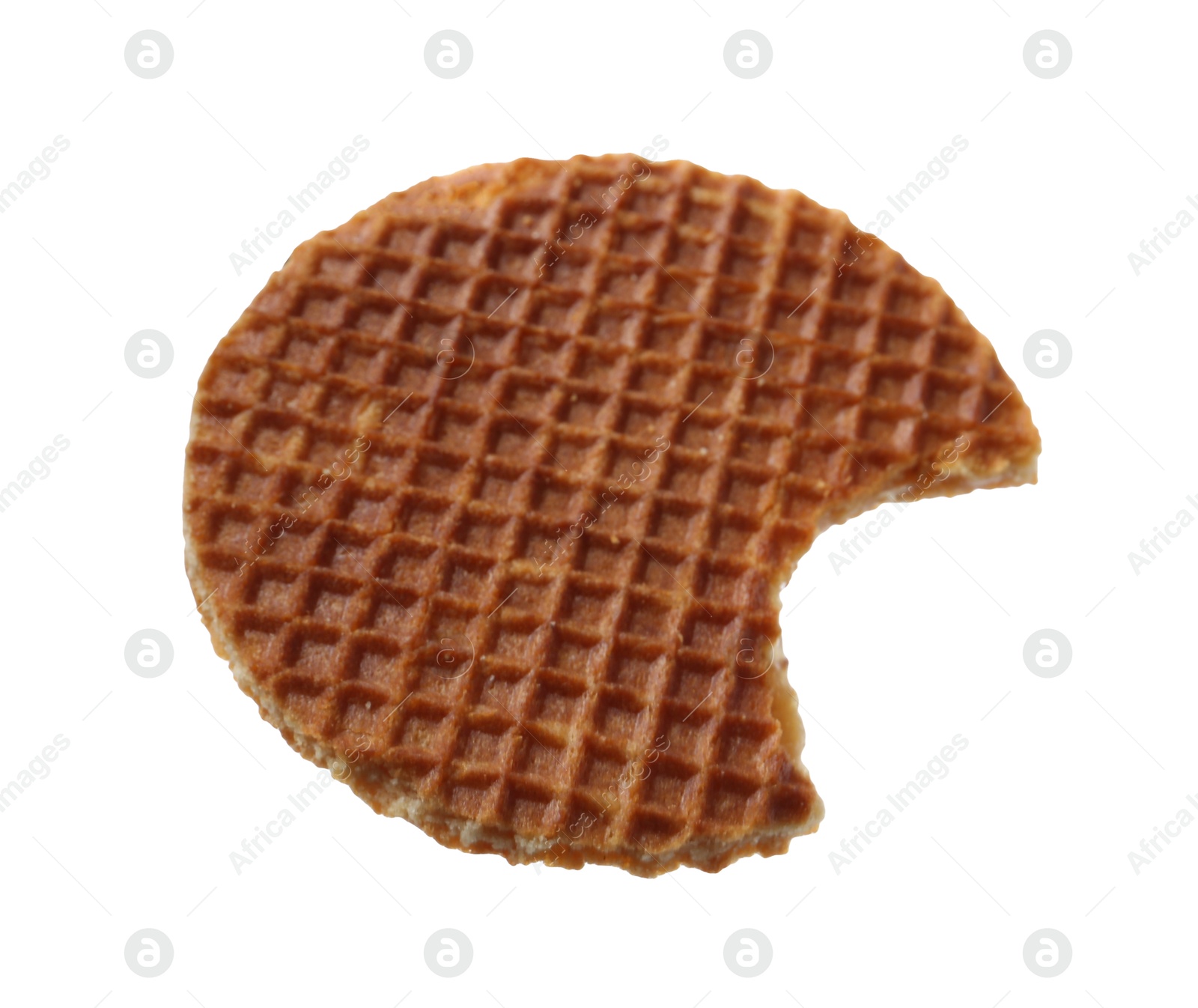 Bitten round Dutch waffle isolated on white Photo of Bitten round Dutch waffle isolated on white