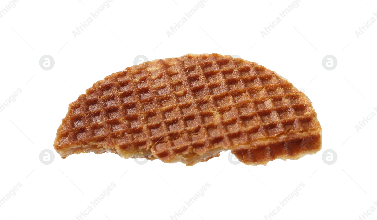 Piece of tasty waffle isolated on white Photo of Piece of tasty waffle isolated on white