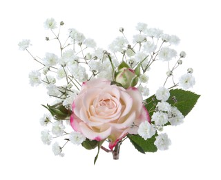 Photo of Bouquet with beautiful gypsophila and rose on white background