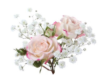 Photo of Bouquet with beautiful gypsophila and roses on white background
