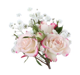 Photo of Bouquet with beautiful gypsophila and roses on white background