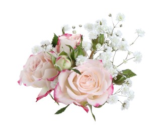 Photo of Bouquet with beautiful gypsophila and roses on white background