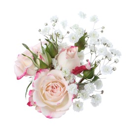 Photo of Bouquet with beautiful gypsophila and roses on white background