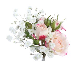 Photo of Bouquet with beautiful gypsophila and roses on white background