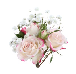 Photo of Bouquet with beautiful gypsophila and roses on white background