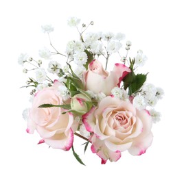 Photo of Bouquet with beautiful gypsophila and roses on white background