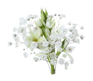 Photo of Bouquet with beautiful gypsophila and freesia on white background