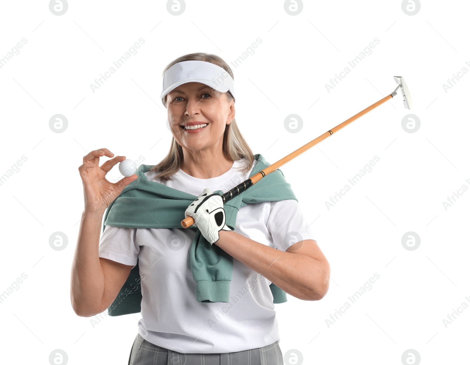 Senior woman with golf club and ball on white background Photo of Senior woman with golf club and ball on white background