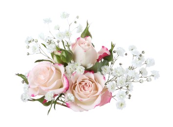 Photo of Bouquet with beautiful gypsophila and roses on white background