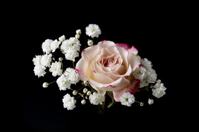 Photo of Woman holding bouquet with beautiful gypsophila and rose on black background, closeup