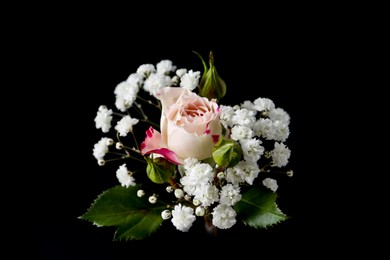 Photo of Woman holding bouquet with beautiful gypsophila and rose on black background, closeup