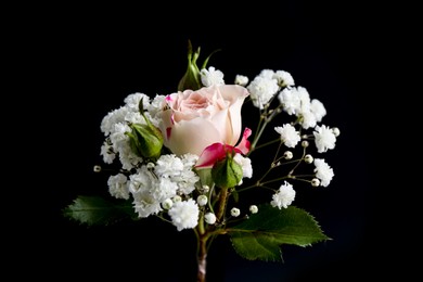 Photo of Bouquet with beautiful gypsophila and rose on black background