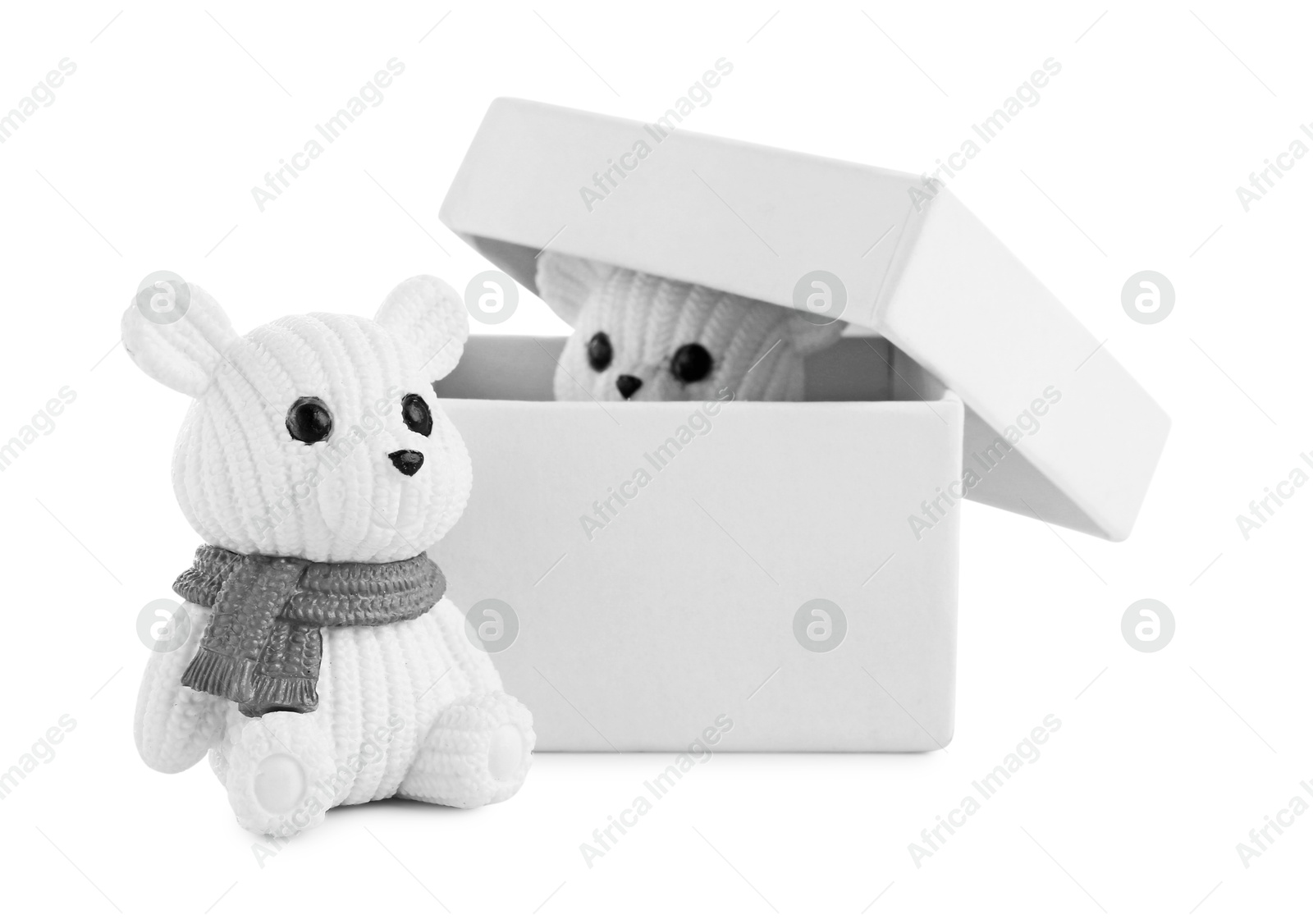 Beautiful toy bears and box isolated on white Photo of Beautiful toy bears and box isolated on white