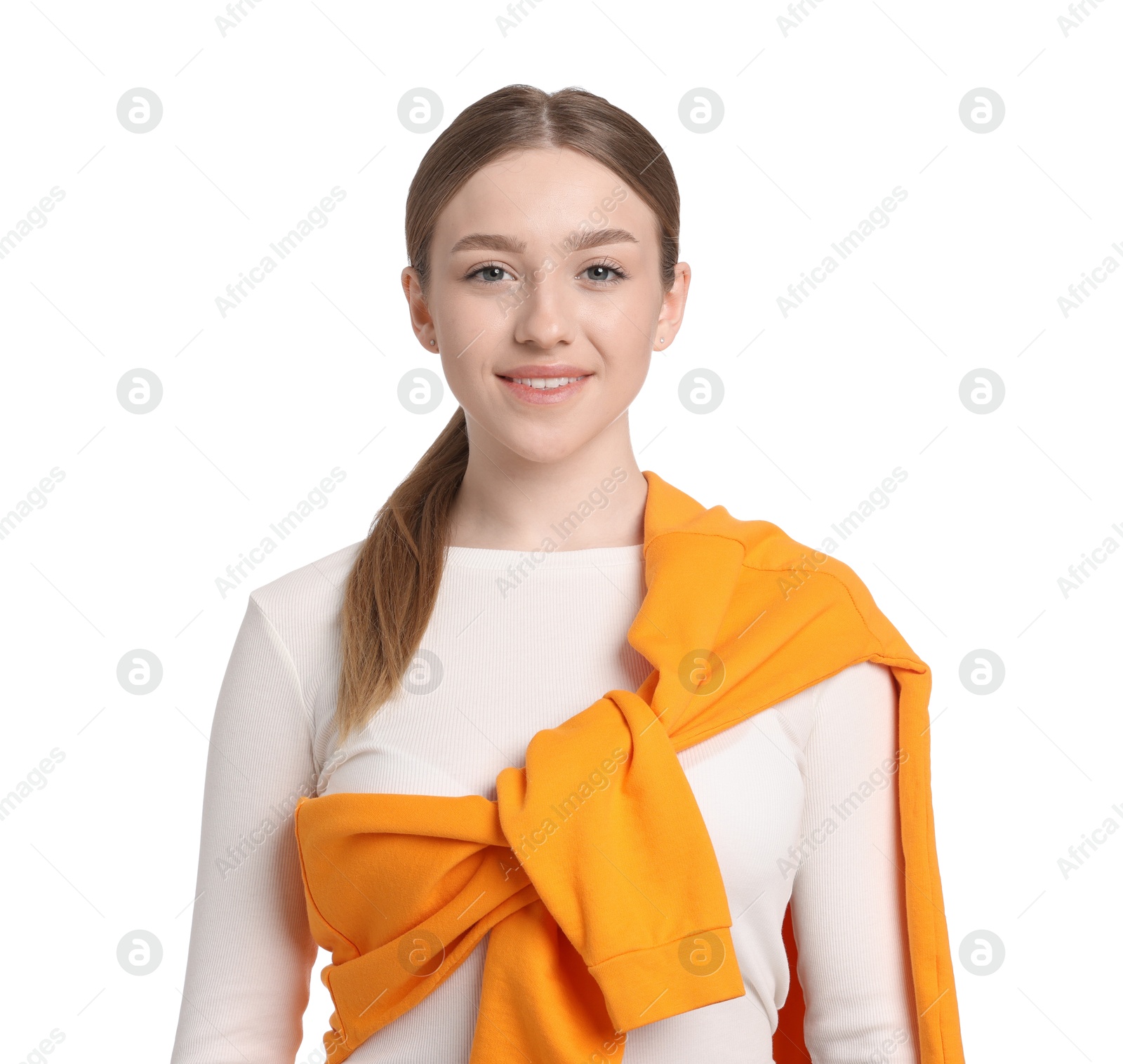 Photo of Portrait of smiling teenage girl on white background