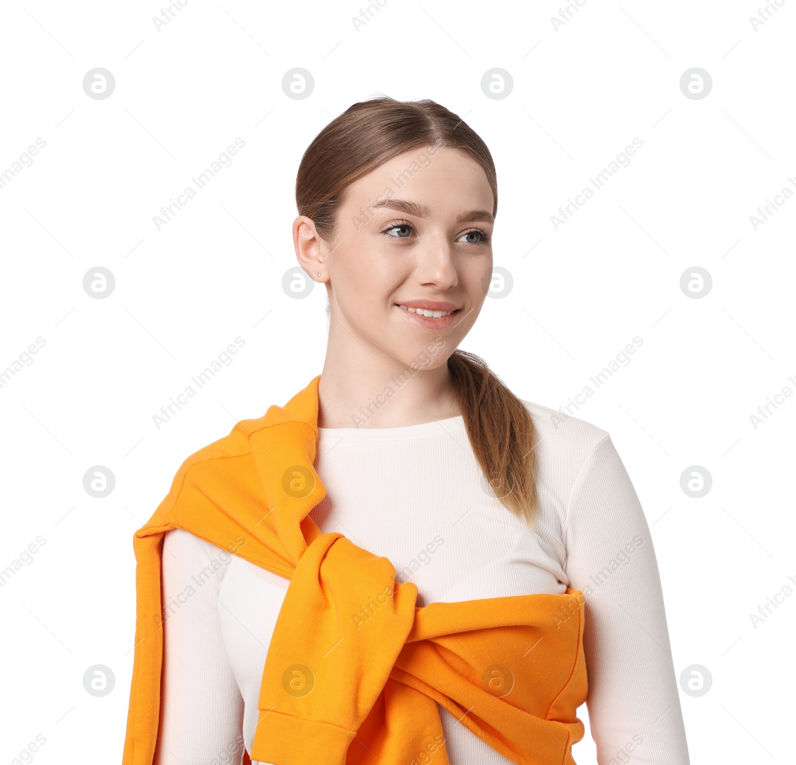 Photo of Portrait of smiling teenage girl on white background