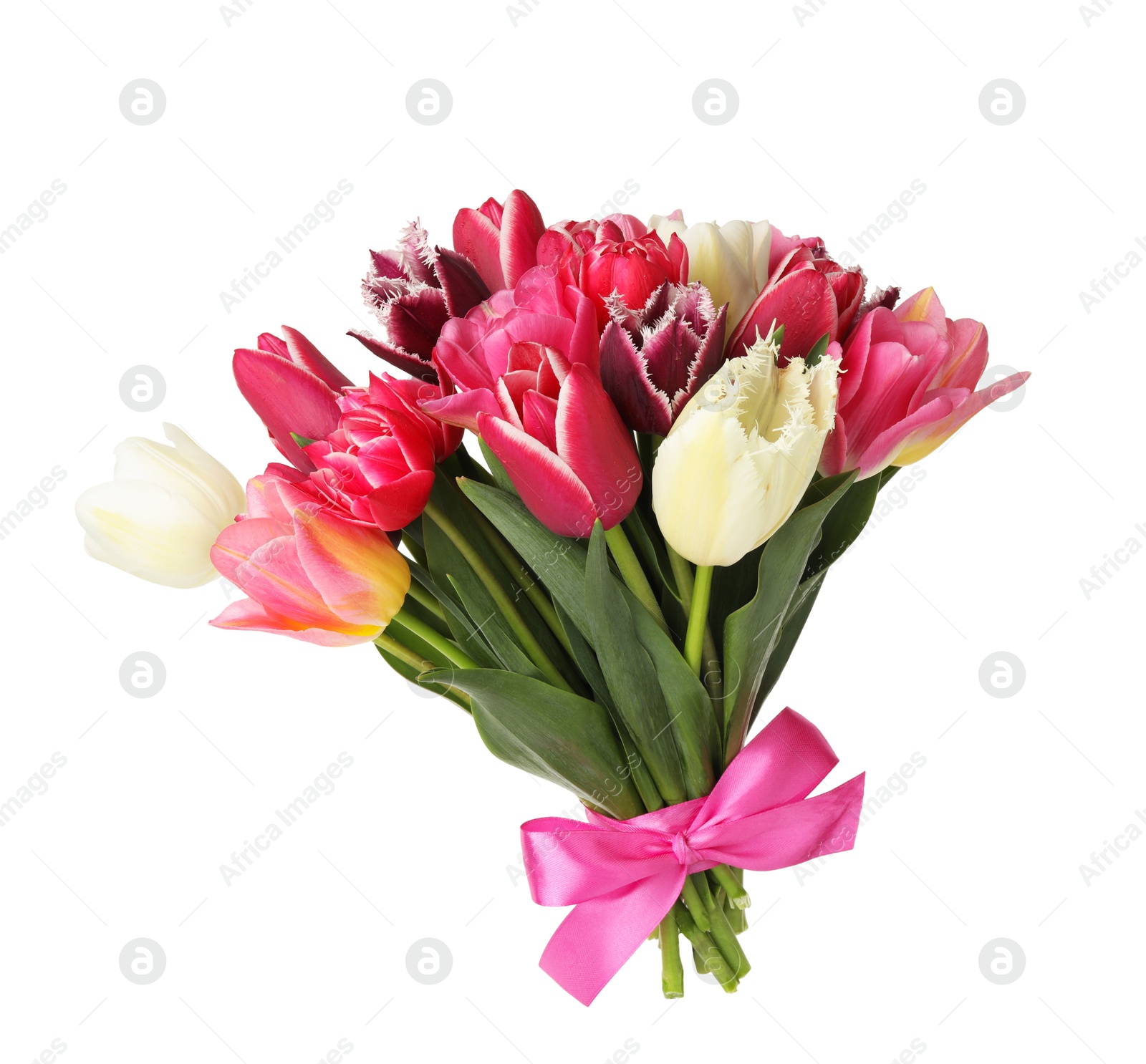 Bouquet of beautiful tulips isolated on white Photo of Bouquet of beautiful tulips isolated on white