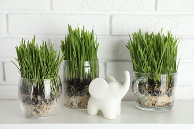 Photo of Wheat grass in transparent pots and elephant figure on shelf near white brick wall