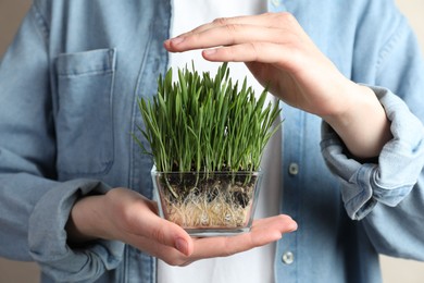 Photo of Woman with wheat grass in transparent pot on light background, closeup
