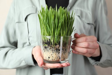 Photo of Woman with wheat grass in transparent pot on light background, closeup